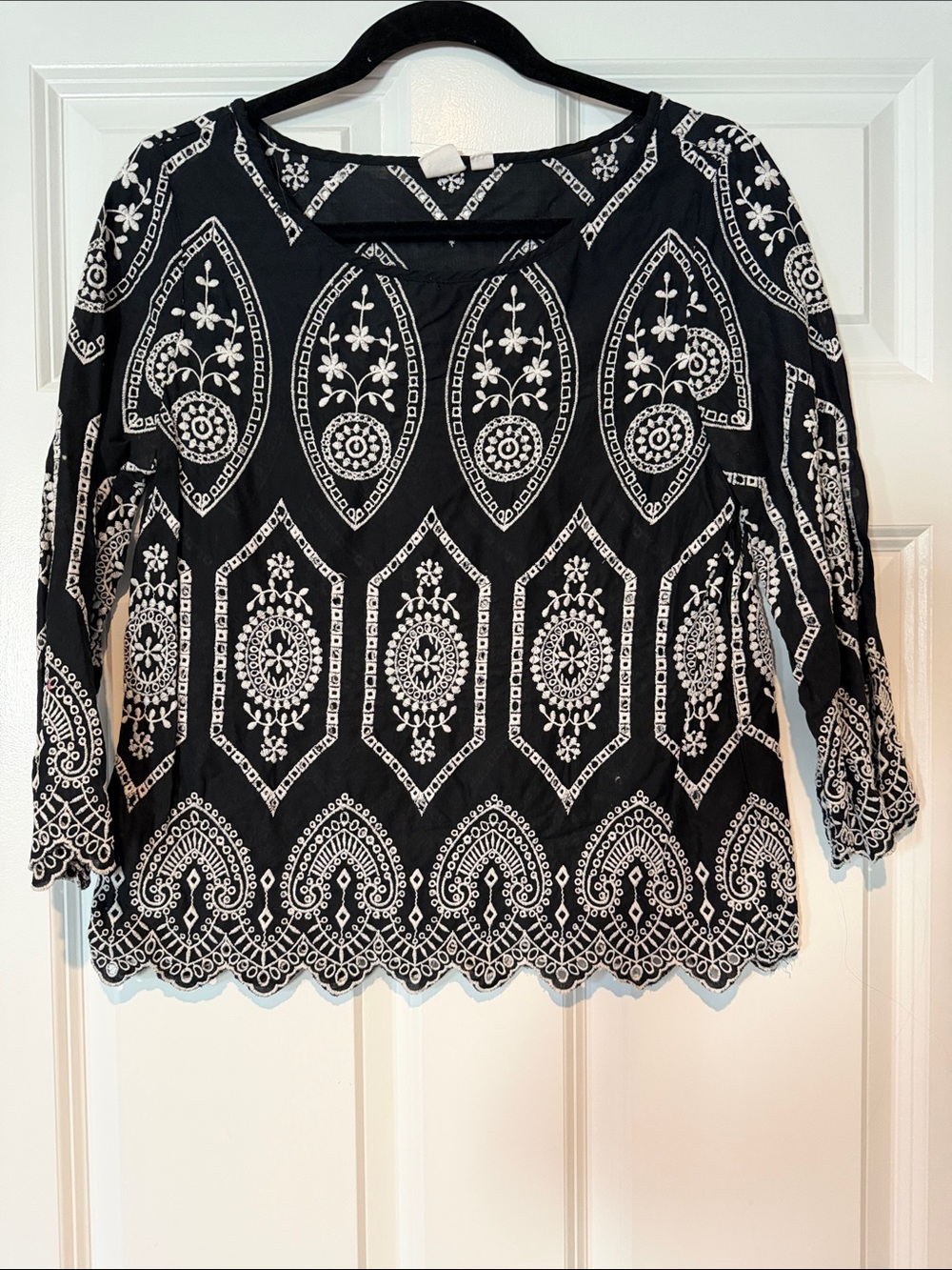 GAP Black Blouse with White Medallion Embroidery